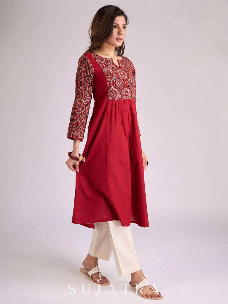 Graceful Gathered Maroon Cotton Kurta with Ajrakh Yoke, Sleeves & Intricate Kantha Handwork