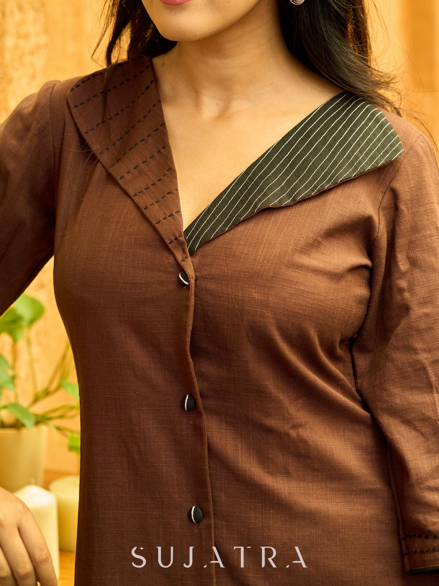 Cocoa Charm Handcrafted Dress with Statement Lapel Collar & Kantha Stitches