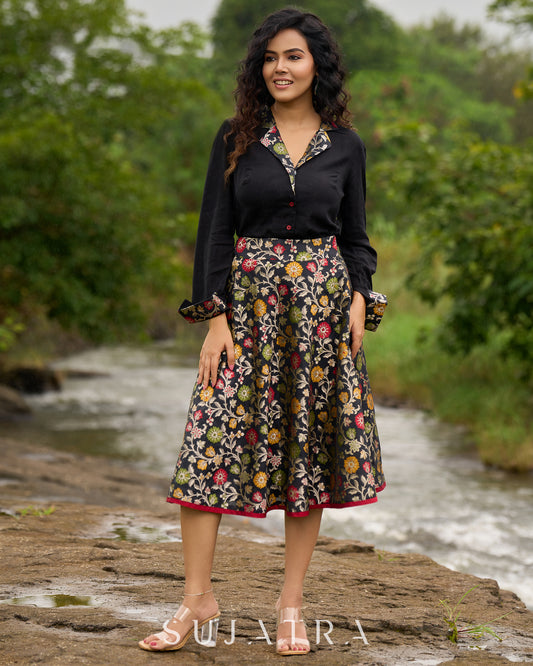 Flared Multicolor Brocade Skirt - Additional Black Rayon Shirt