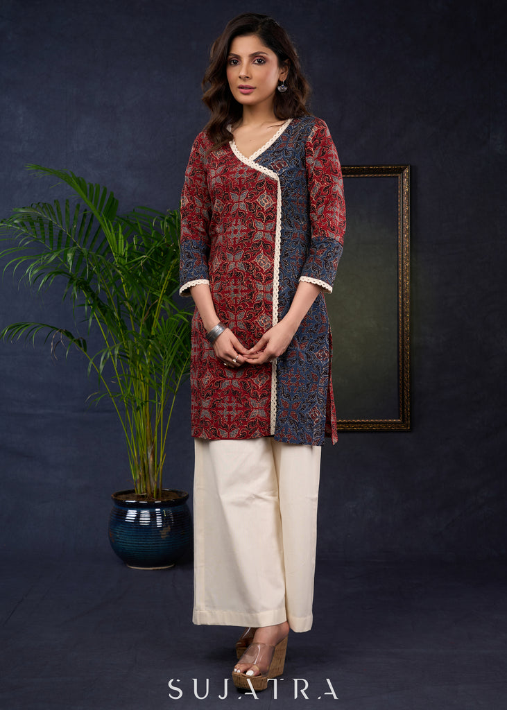 Beautiful Ajrakh Combination Tunic With Lace Highlights In Modern Silhouette, -Pant Optional