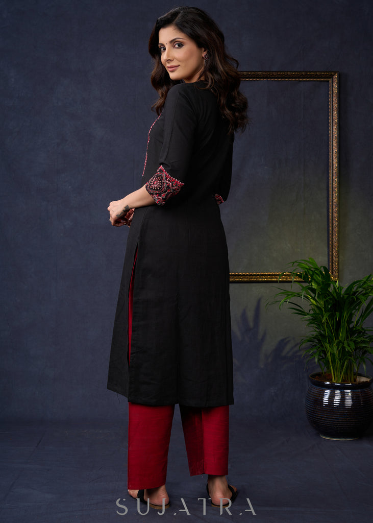 Elegant-Black-Cotton-Straight-Cut-Kurta-With-Beautiful-Embroidered-Ajrakh-Yoke-Pant-Optional
