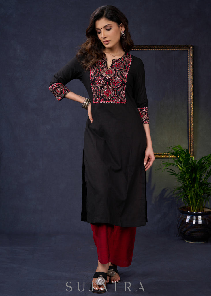 Elegant-Black-Cotton-Straight-Cut-Kurta-With-Beautiful-Embroidered-Ajrakh-Yoke-Pant-Optional