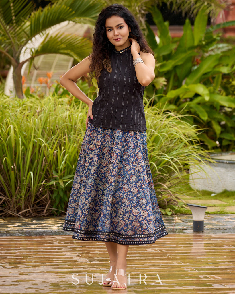 Ajrakh Elegance Blue Skirt & Black Woven Halter Neck Top with Additional Ajrakh Jacket
