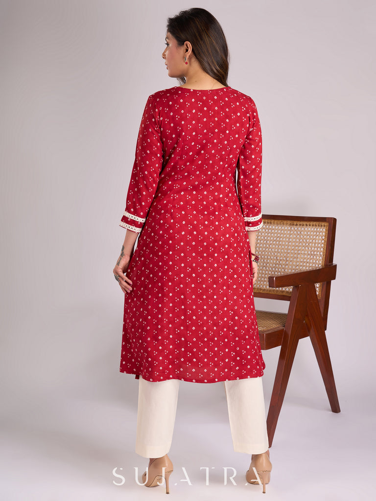 Radiant Red Bandhani Viscose Kurta with Mirror Adorned Neckline & Sleeves