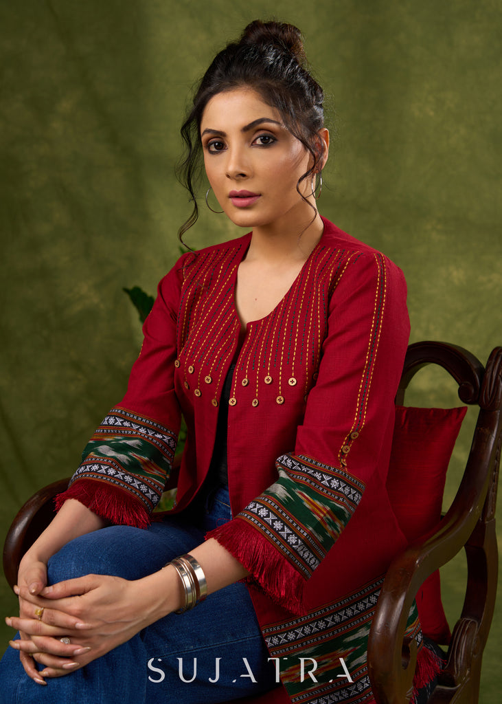 Global Glamour : Maroon Embroidered Cotton Jacket With Intricate Ikat Trim & Statement Buttons