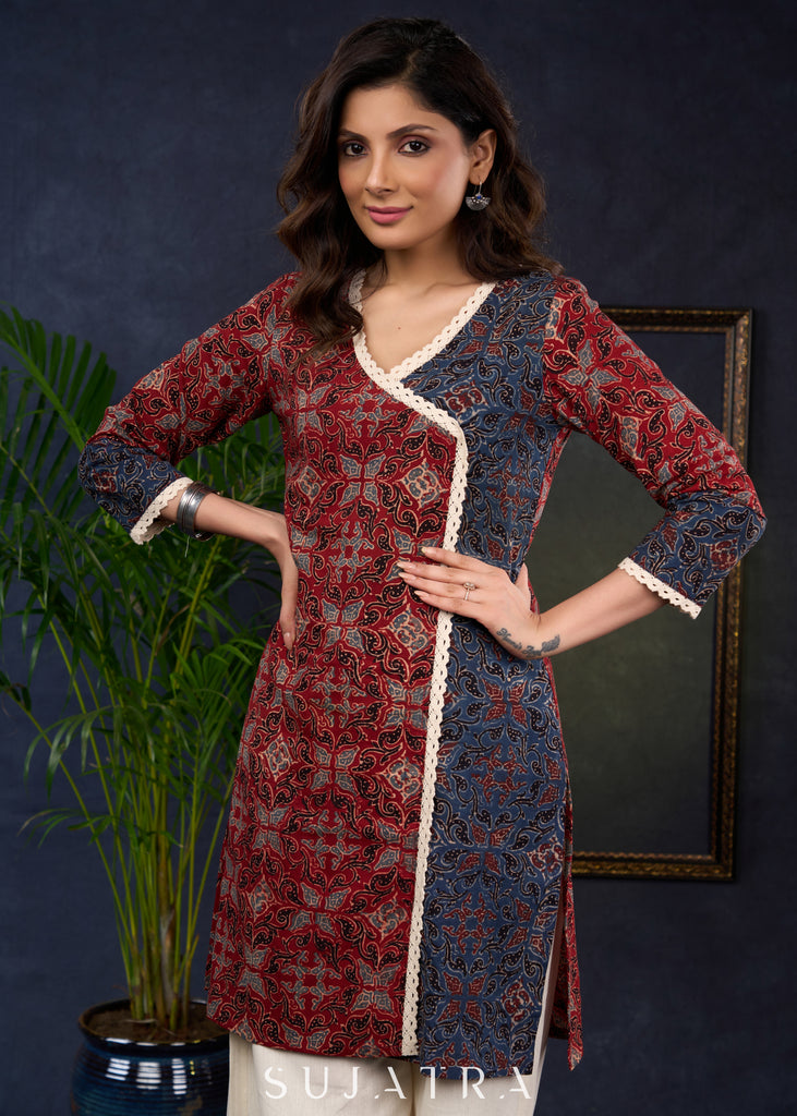Beautiful Ajrakh Combination Tunic With Lace Highlights In Modern Silhouette, -Pant Optional