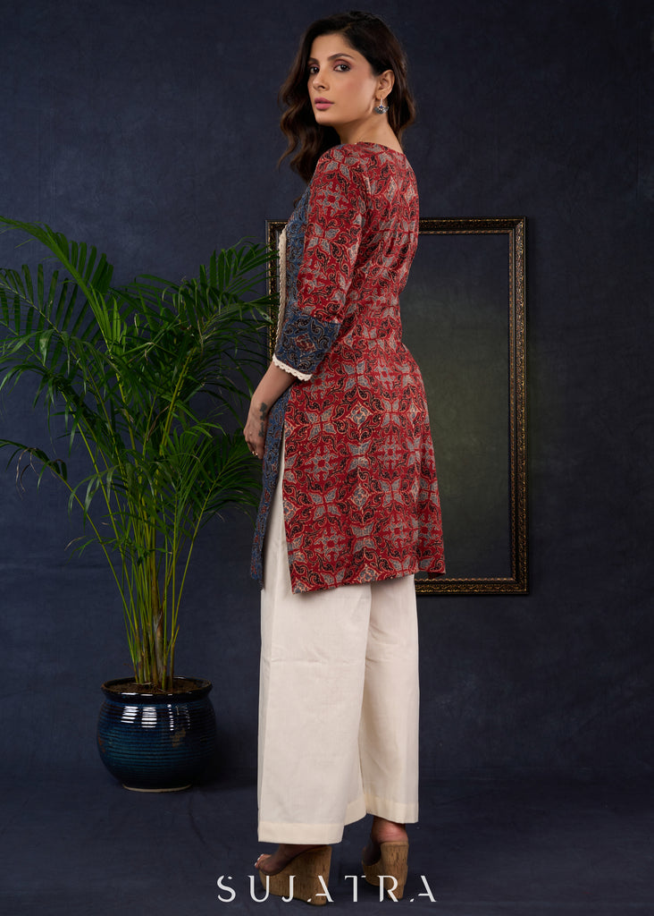 Beautiful Ajrakh Combination Tunic With Lace Highlights In Modern Silhouette, -Pant Optional