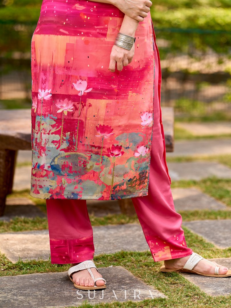 Graceful soft pink rayon pants adorned with subtle abstract printed detailing