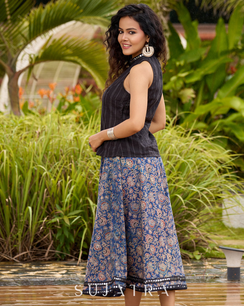 Ajrakh Elegance Blue Skirt & Black Woven Halter Neck Top with Additional Ajrakh Jacket