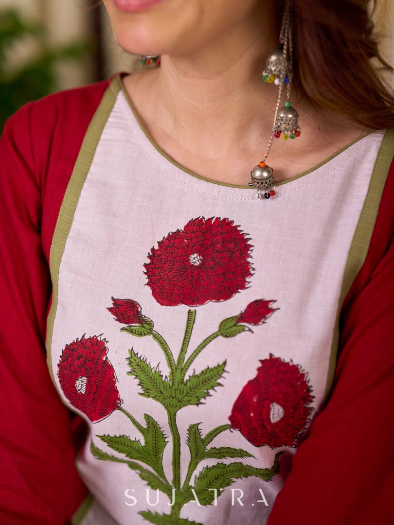Crimson Cotton Straight Kurta with White Floral Panel and Olive Trim Detail