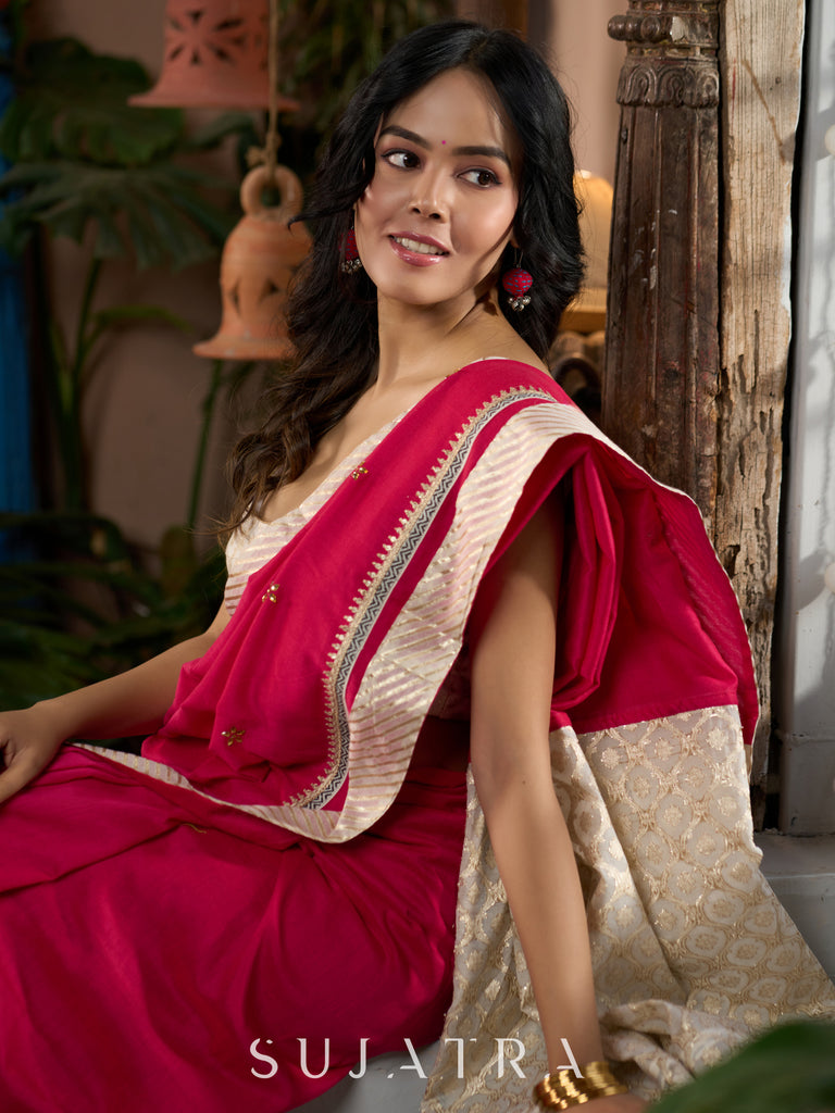 Luxurious cotton saree with intricate hand embroidery and opulent Benarasi combination