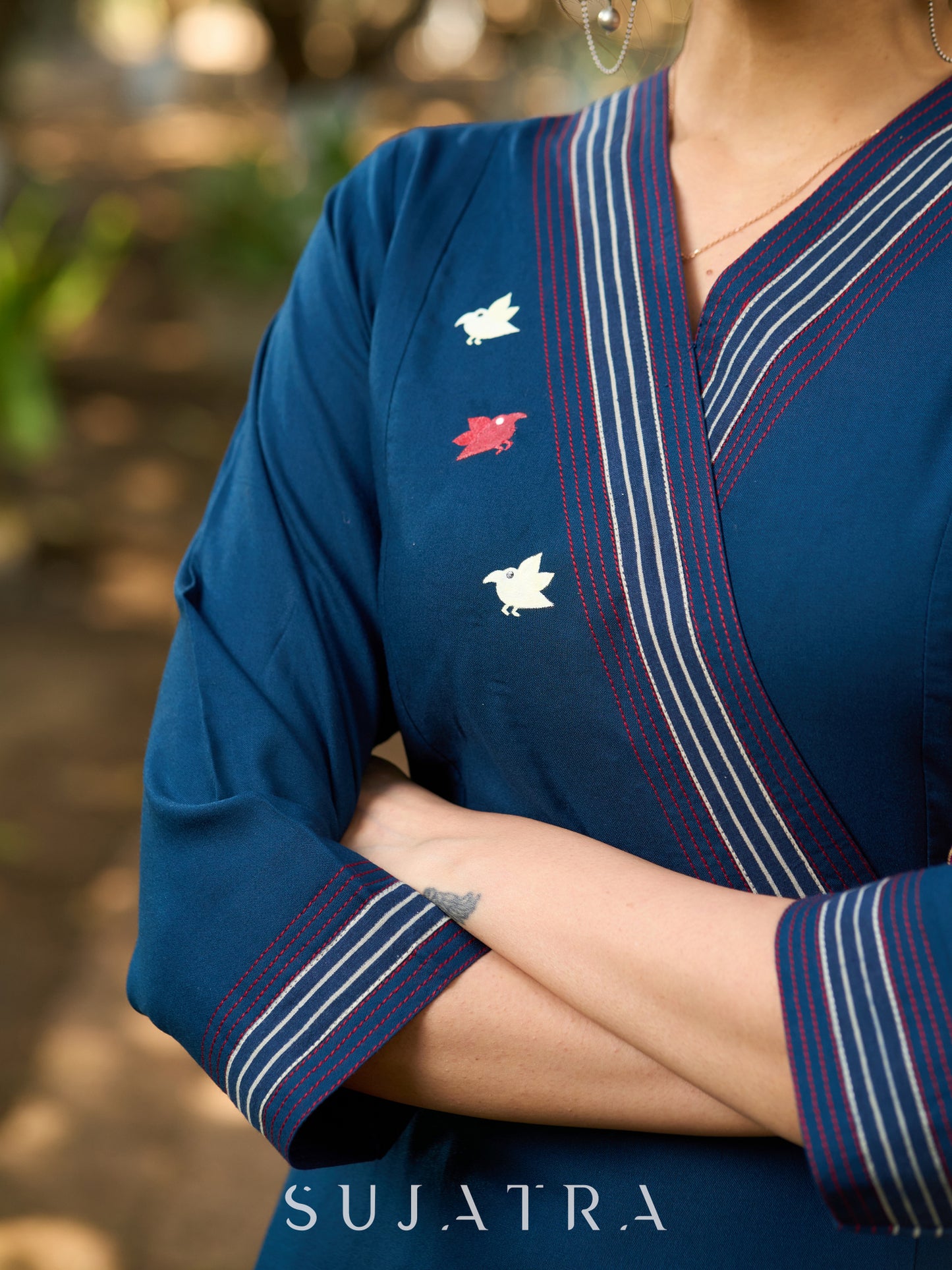 Indigo Grace Flared Kurta with Hand-Painted Birds on Front and Back & Contrast Kantha Stitches