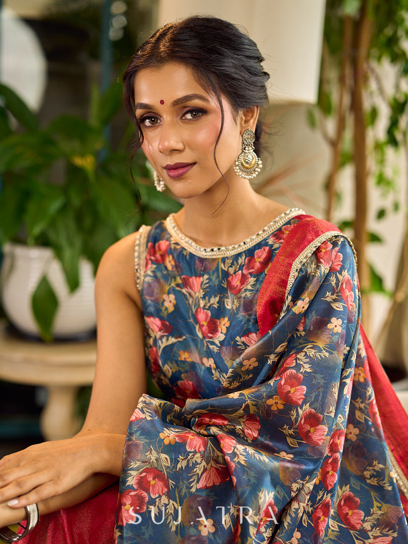Flourishing Floral Printed Chanderi & Tissue Blouse with Beautiful Back Detailing