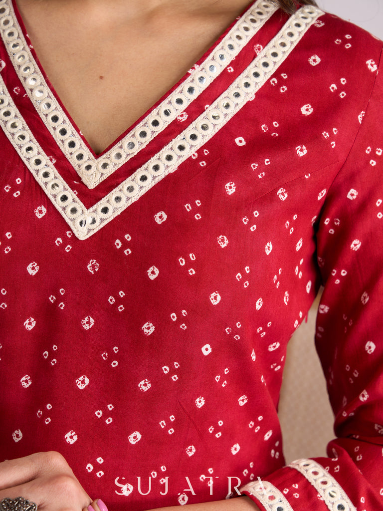 Radiant Red Bandhani Viscose Kurta with Mirror Adorned Neckline & Sleeves