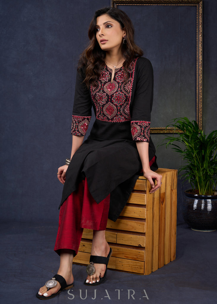Elegant-Black-Cotton-Straight-Cut-Kurta-With-Beautiful-Embroidered-Ajrakh-Yoke-Pant-Optional