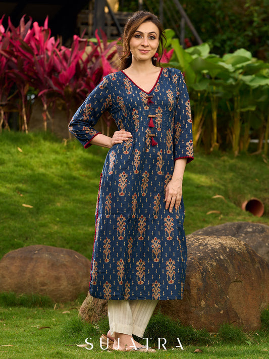 Contemporary Blue Ajrakh Print Kurta with Pleated Pintuck Detailing and Maroon Accents