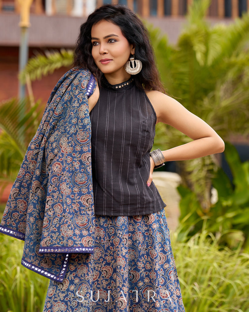 Ajrakh Elegance Blue Skirt & Black Woven Halter Neck Top with Additional Ajrakh Jacket