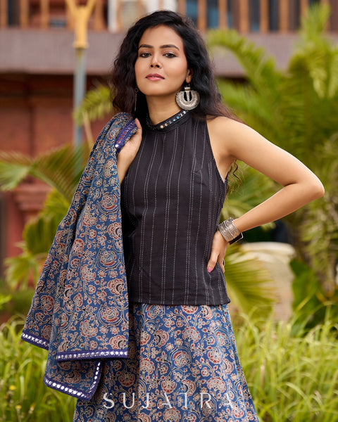 Ajrakh Elegance Blue Skirt & Black Woven Halter Neck Top with Additional Ajrakh Jacket