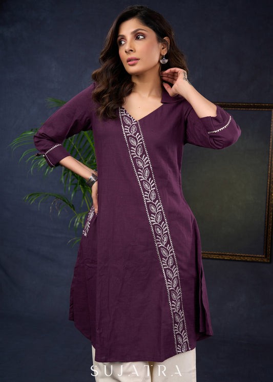 Stylish Asymmetrical Purple Cotton Tunic With Intricate Embroidery -Pant Optional