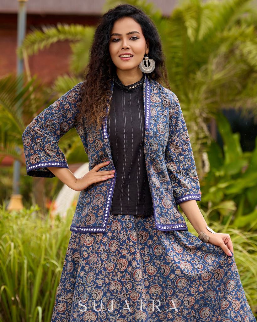 Ajrakh Elegance Blue Skirt & Black Woven Halter Neck Top with Additional Ajrakh Jacket
