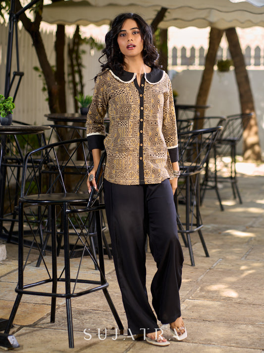 Earth Brown Ajrakh Cotton Shirt Featuring Statement Contrast Collar