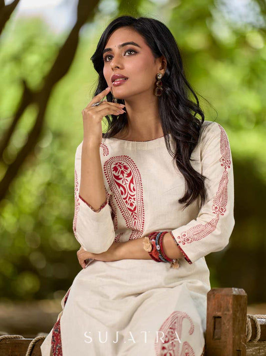 Classic Ivory Cotton Kurta with Traditional Paisley Hand Block Motifs