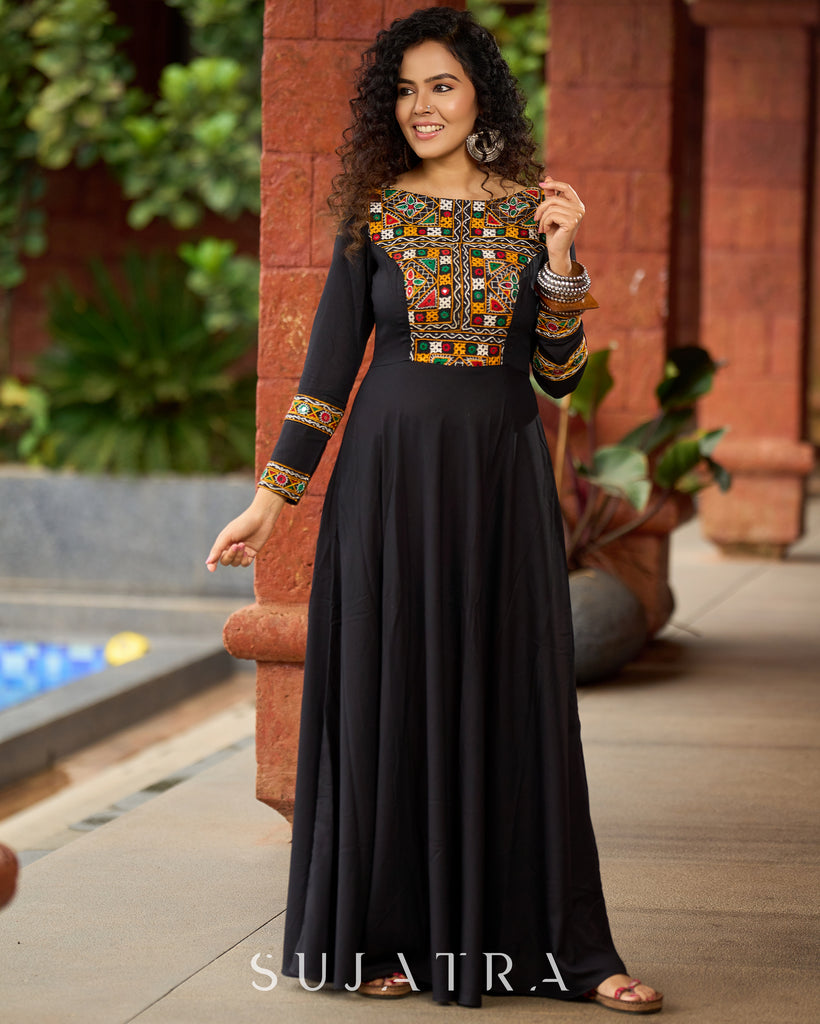 Black Flared Gown with Mirror Work Embellishments