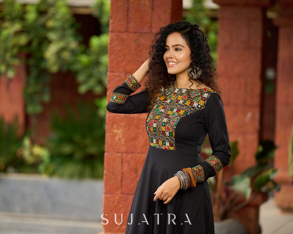 Black Flared Gown with Mirror Work Embellishments