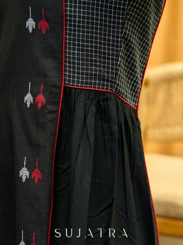 Dual Tone Pleated Jamdani Black Dress with Maroon Accents and Minimal Embellishment