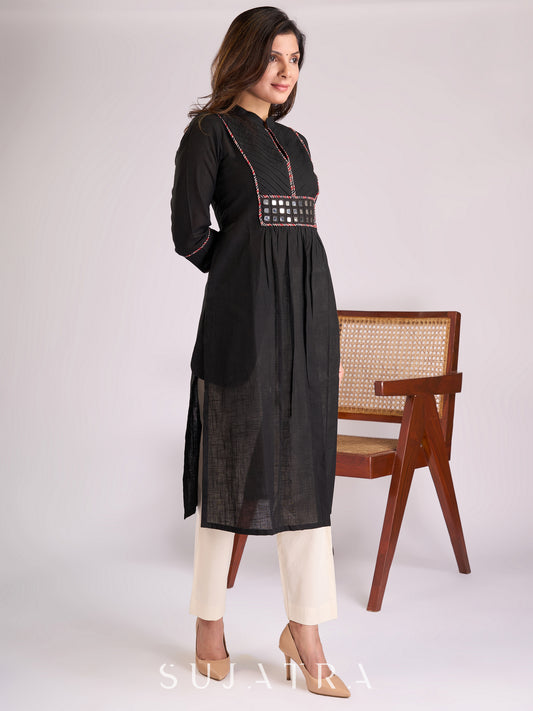 Elegant Black Cotton Gathered Kurta with Mirror Embellishments, Pleats & Ajrakh Piping on Yoke