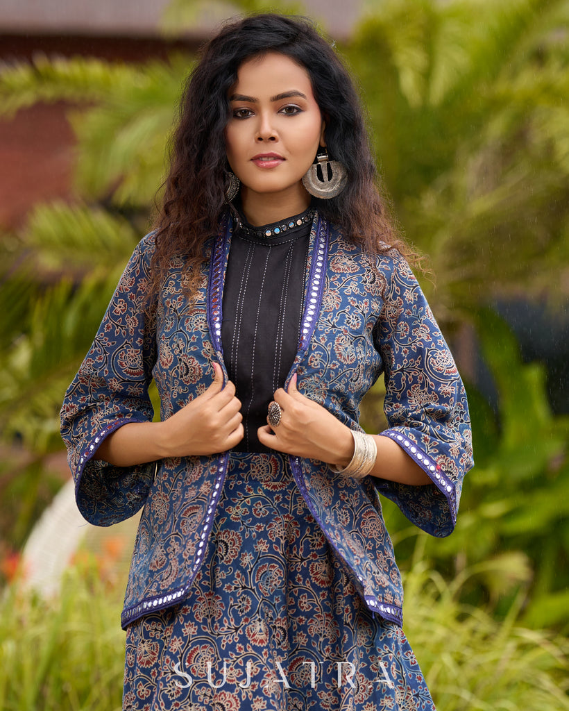 Ajrakh Elegance Blue Skirt & Black Woven Halter Neck Top with Additional Ajrakh Jacket