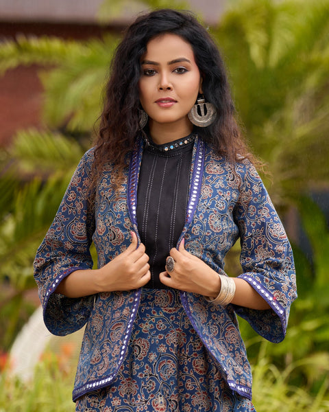 Ajrakh Blue Mirror Embellished Shawl-Collar Jacket