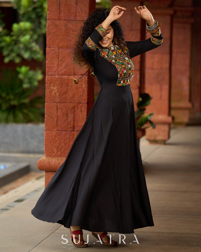 Black Flared Gown with Mirror Work Embellishments
