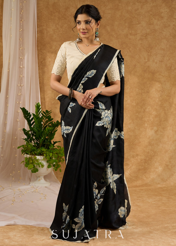 Exquisite Black Hand Painted Pure Silk Saree With Floral Motifs