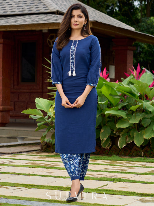 Navy blue cotton kurta featuring soft, stylish gathered sleeves-pant optional