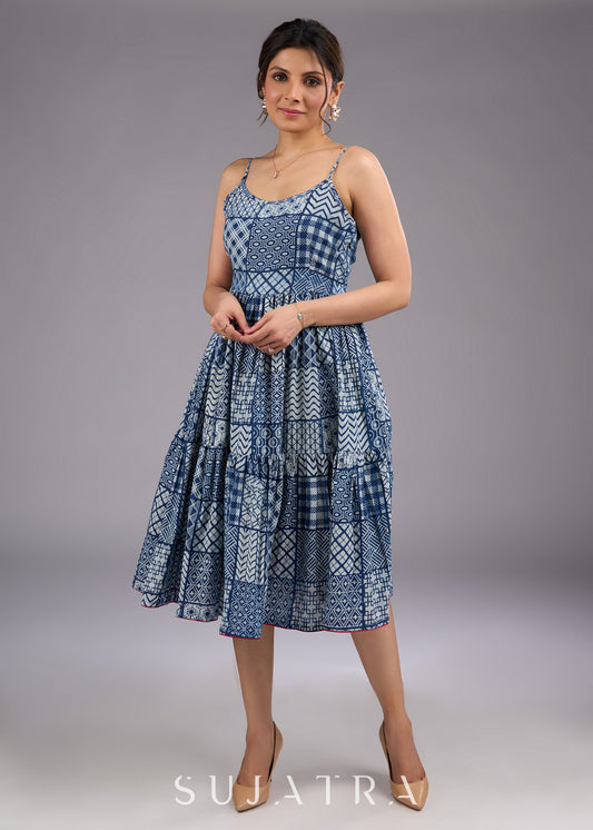 Chic indigo hand-block printed midi dress with delicate straps and a flowy tiered silhouette - Indigo Jacket Optional