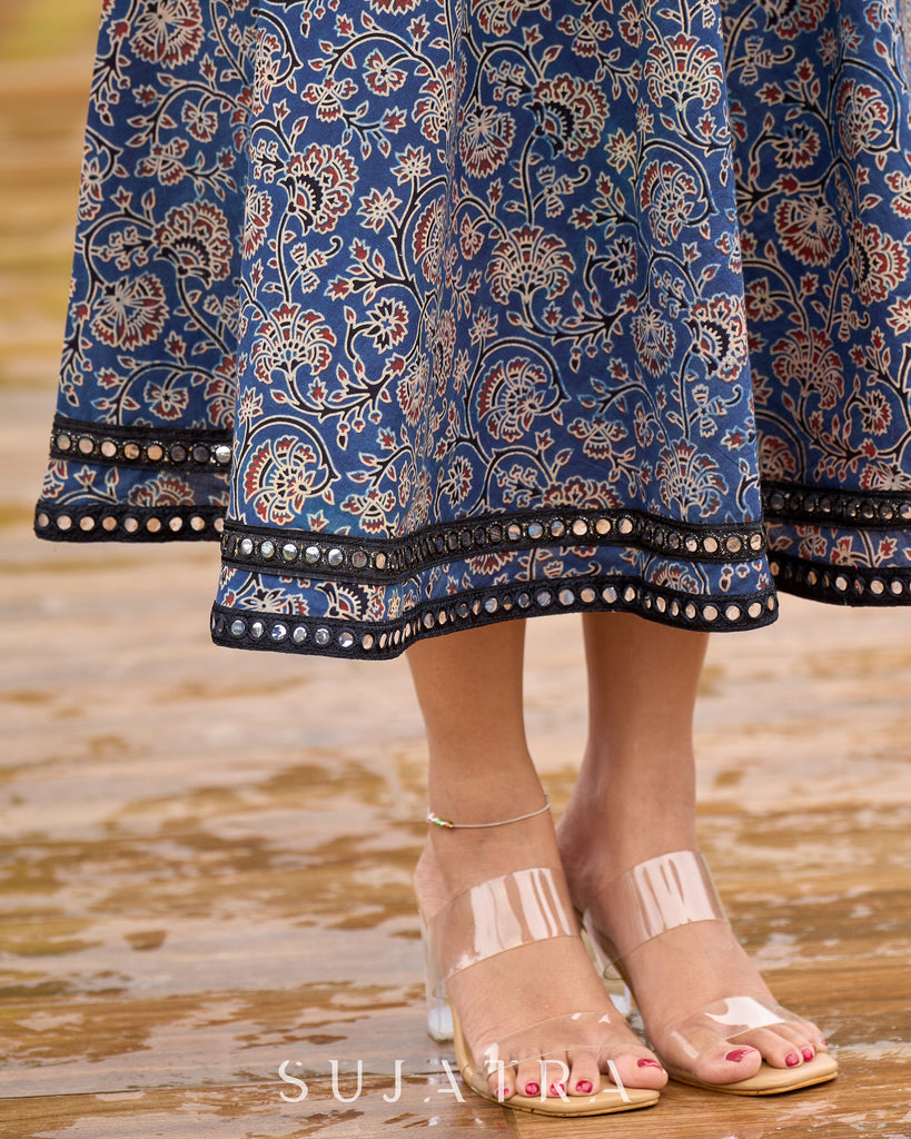 Ajrakh Elegance Blue Skirt & Black Woven Halter Neck Top with Additional Ajrakh Jacket