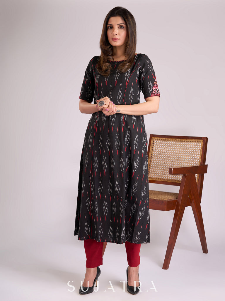 Elegant Black Ikat Paneled Kurta with Intricate Sleeve Handwork & Maroon Piping Accents