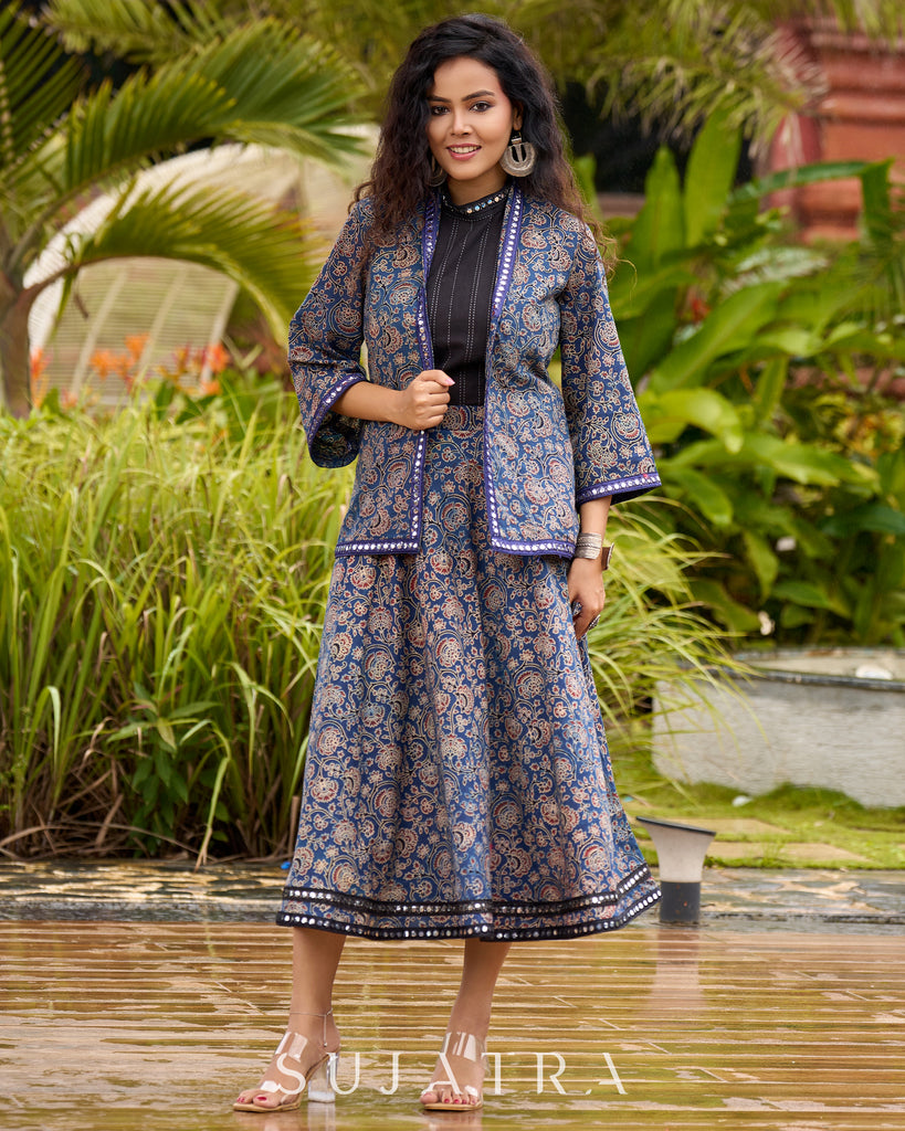 Ajrakh Elegance Blue Skirt & Black Woven Halter Neck Top with Additional Ajrakh Jacket