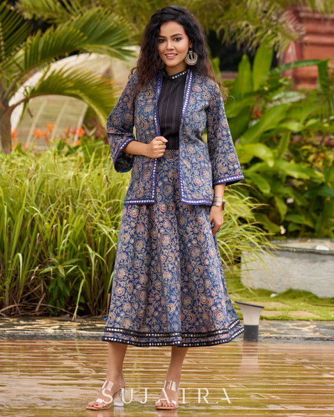 Ajrakh Elegance Blue Skirt & Black Woven Halter Neck Top with Additional Ajrakh Jacket