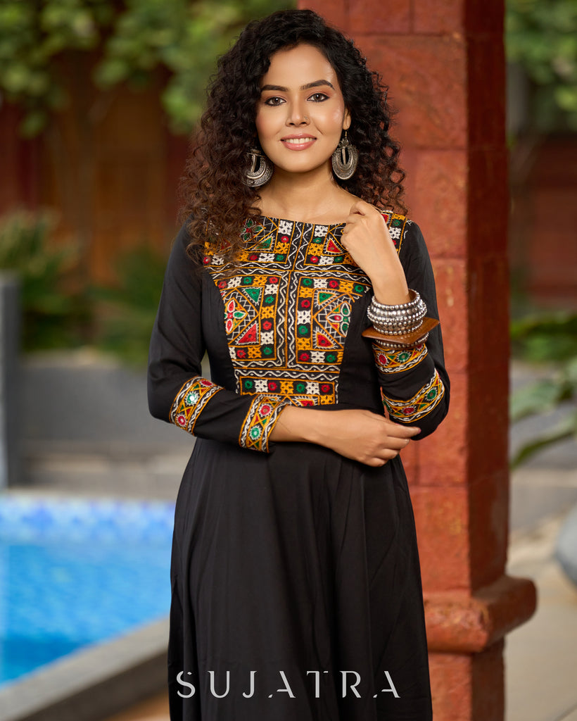Black Flared Gown with Mirror Work Embellishments