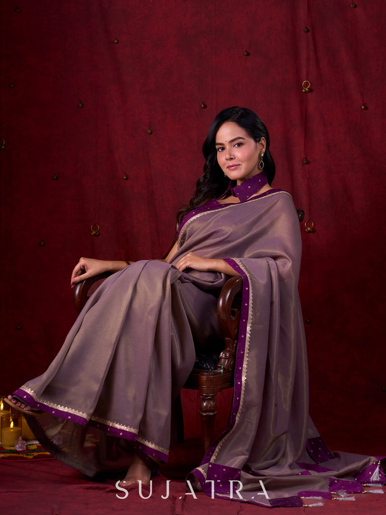 Lustrous Grey Silk Blend Saree with Chanderi Purple Border & Bold Statement Pallu