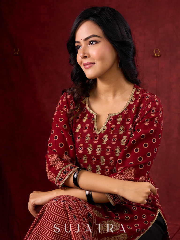Classic Maroon Ajrakh Cotton Kurta with Minimalist Embroidery