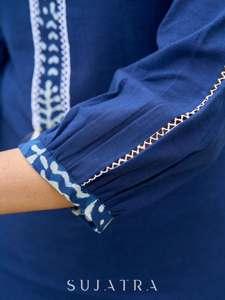 Navy blue cotton kurta featuring soft, stylish gathered sleeves-pant optional