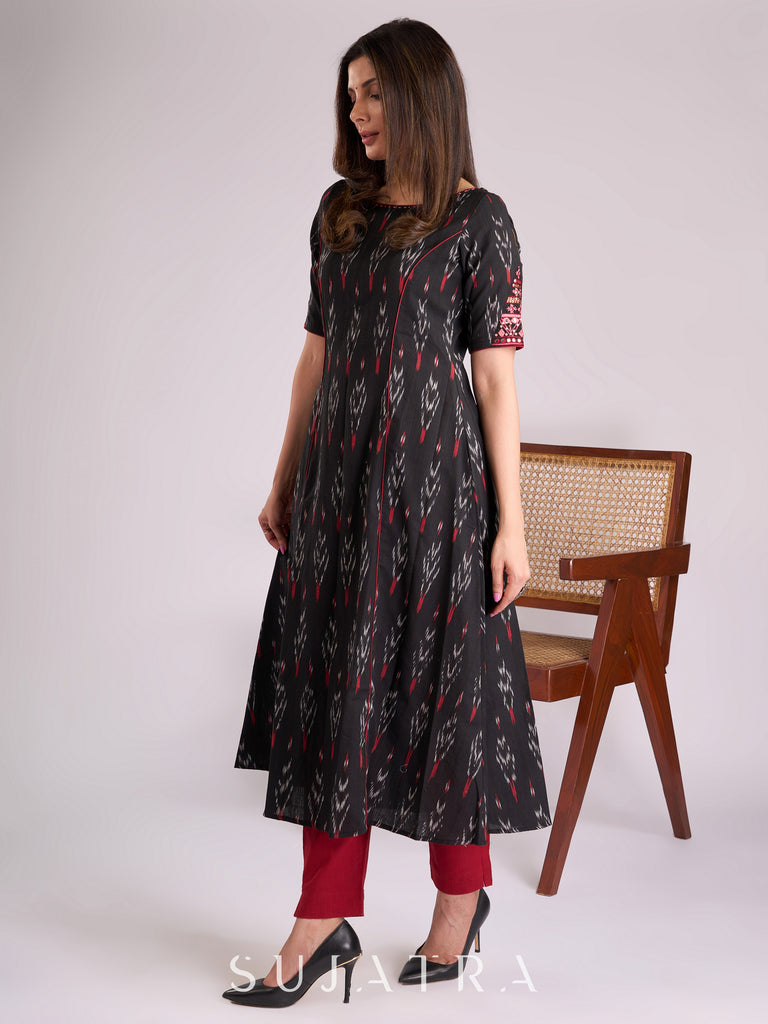 Elegant Black Ikat Paneled Kurta with Intricate Sleeve Handwork & Maroon Piping Accents