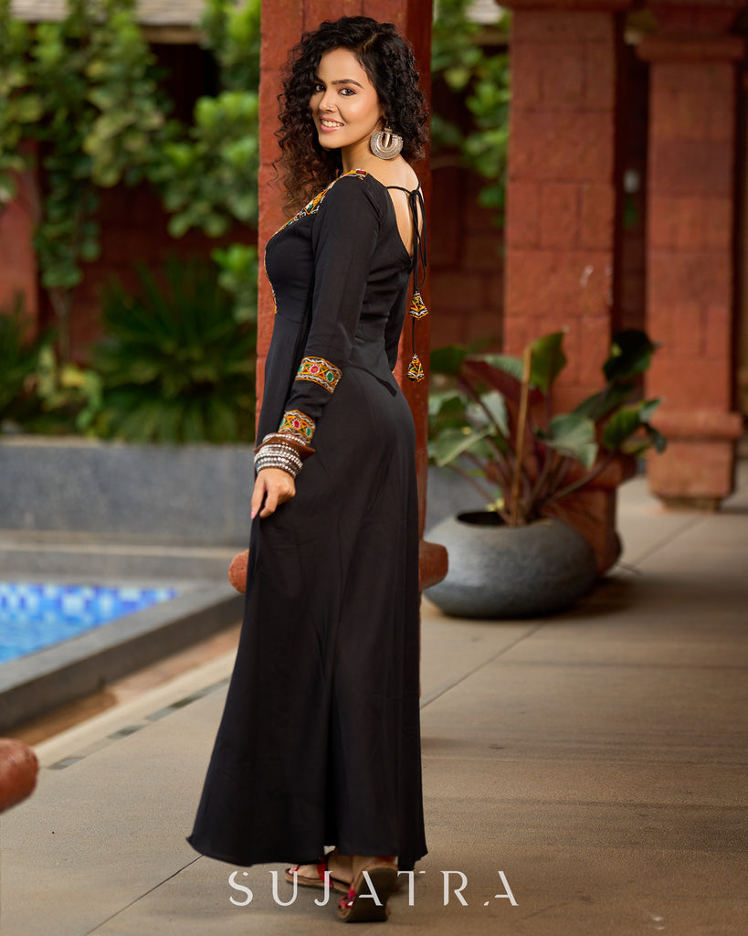 Black Flared Gown with Mirror Work Embellishments