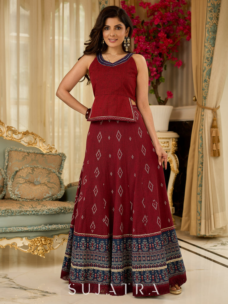 Maroon rich Jamdani Lehenga and Choli - Beautiful navy blue embroidered shrug Optional