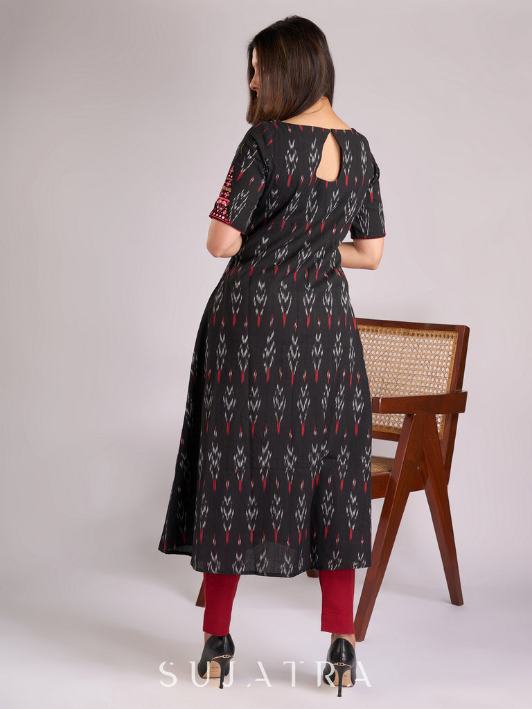 Elegant Black Ikat Paneled Kurta with Intricate Sleeve Handwork & Maroon Piping Accents