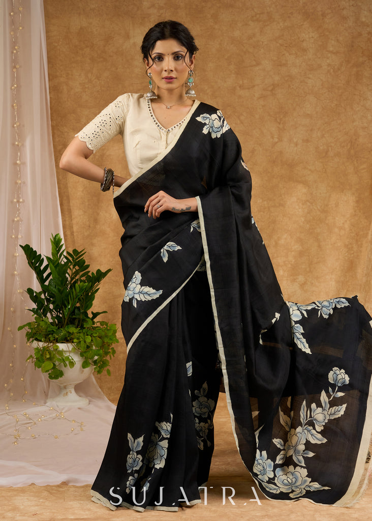 Exquisite Black Hand Painted Pure Silk Saree With Floral Motifs