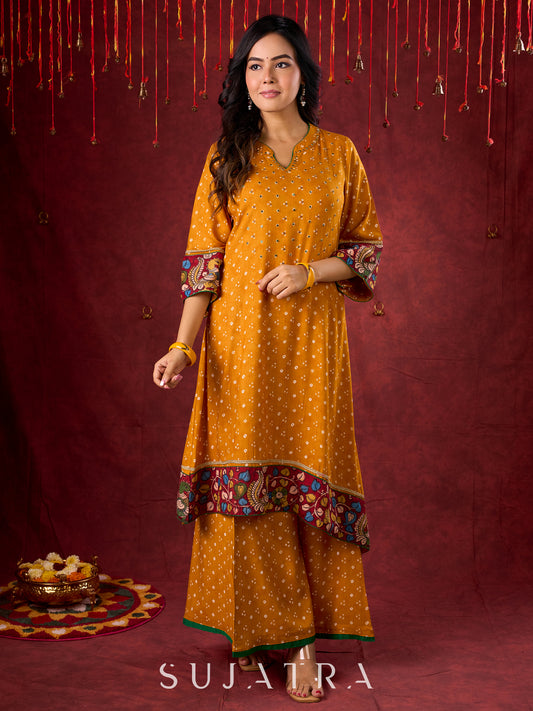Marigold Yellow Bandhani Asymmetrical Kurta with Kalamkari Accents and Minimal Embellishments